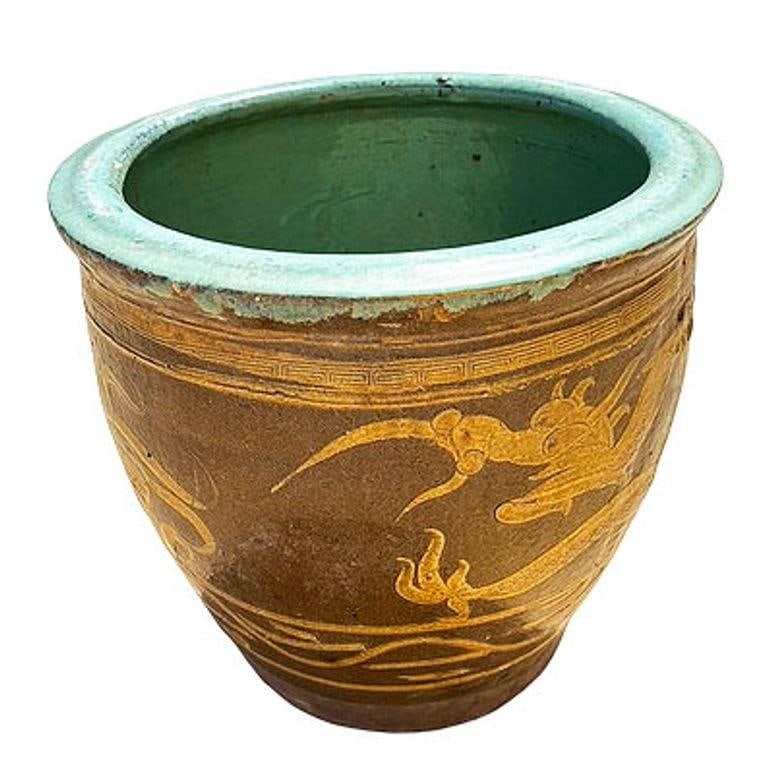 Antique Century Chinese Egg Art Pottery Holder Bird & Dragon Jardinière Planter - 17