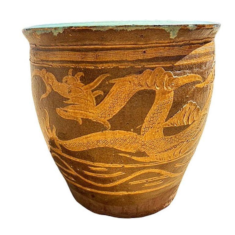 Antique Century Chinese Egg Art Pottery Holder Bird & Dragon Jardinière Planter - 18