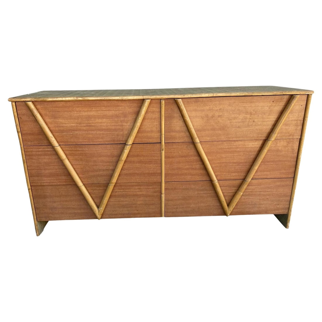 Restored Vintage 1950s Teak and Rice Mat "V" Lowboy Dresser With Rattan: Title: Restored Vintage 1950s Teak and Rice Mat "V" Lowboy Dresser With Rattan Description: Original Post-War oak and rattan lowboy dresser with decorative rattan "V" and border accents with six