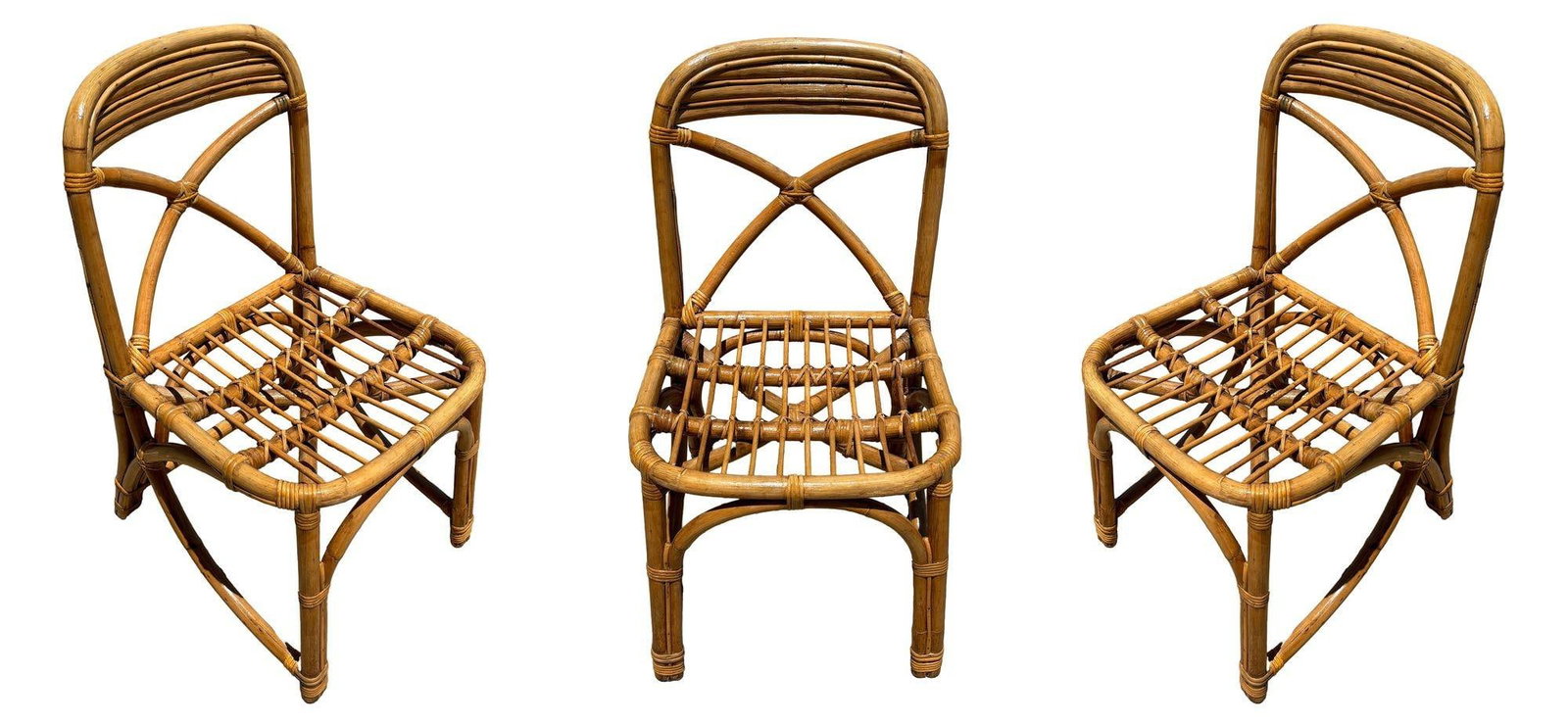 Restored Mid-century Rattan Dining Side Chairs with "X" Back - 16