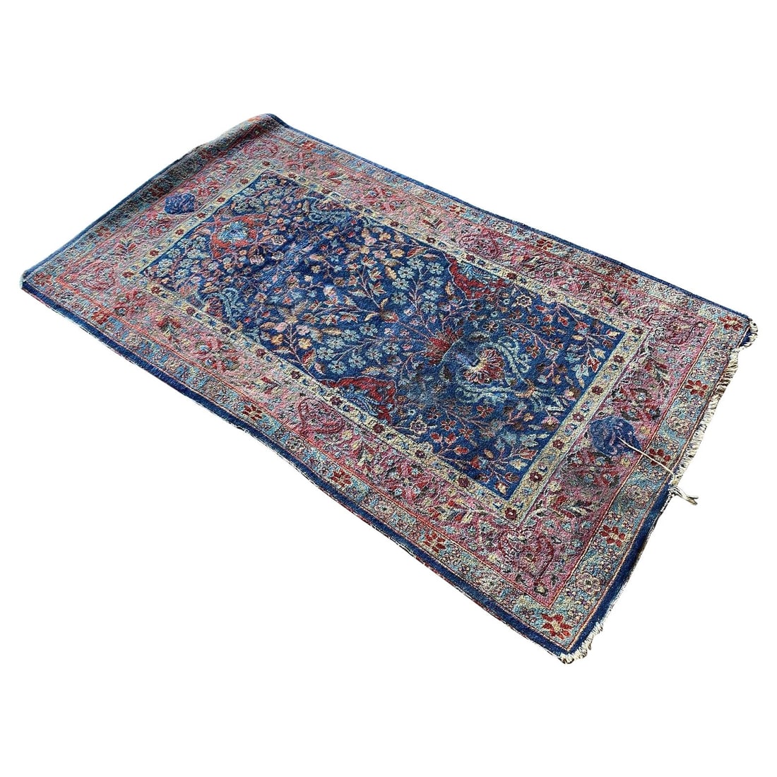 Hand Knotted Floral Blue / Red Silk Persian Rug - 13
