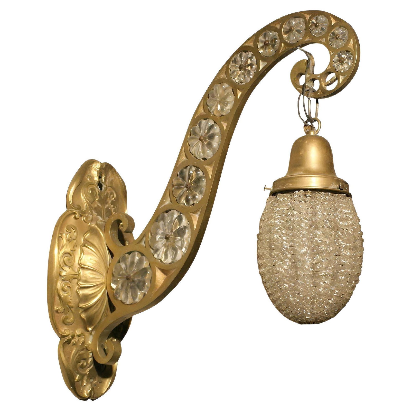 Belle Epoque Electric Scrolling Brass Crystal Sconce w Beaded Shade, 2 Available: Title: Belle Epoque Electric Scrolling Brass Crystal Sconce w Beaded Shade, 2 Available Description: This unique Belle Epoque era Scrolling wall sconce is rendered in cast brass and embellished with