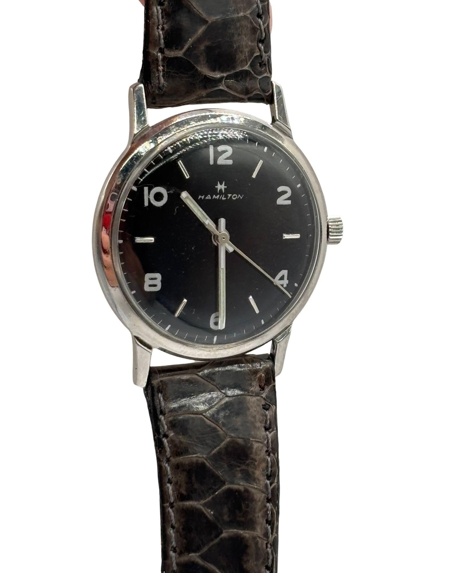 1950 Hamilton Thin-O-Matic Wristwatch w/ Black Dial on Leather Band - 18