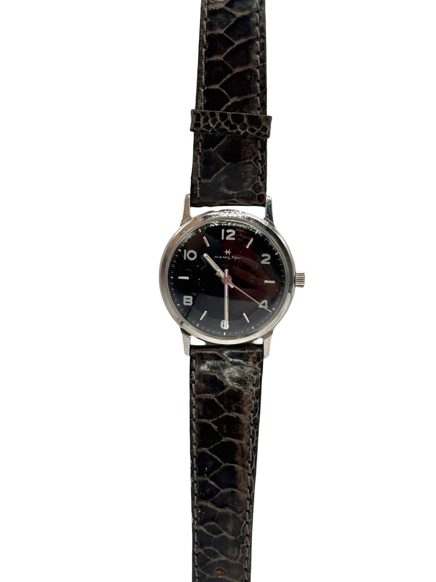 1950 Hamilton Thin-O-Matic Wristwatch w/ Black Dial on Leather Band - 9