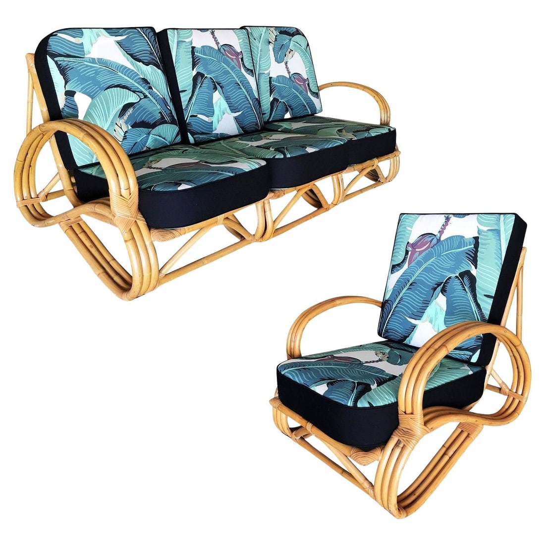 Ficks Reed Restored Three-Strand "S-Arm" Rattan Sofa & Lounge Living Room Set: Title: Ficks Reed Restored Three-Strand "S-Arm" Rattan Sofa & Lounge Living Room Set Description: Three-strand "S-arm" rattan living room set which includes one lounge chair with matching the