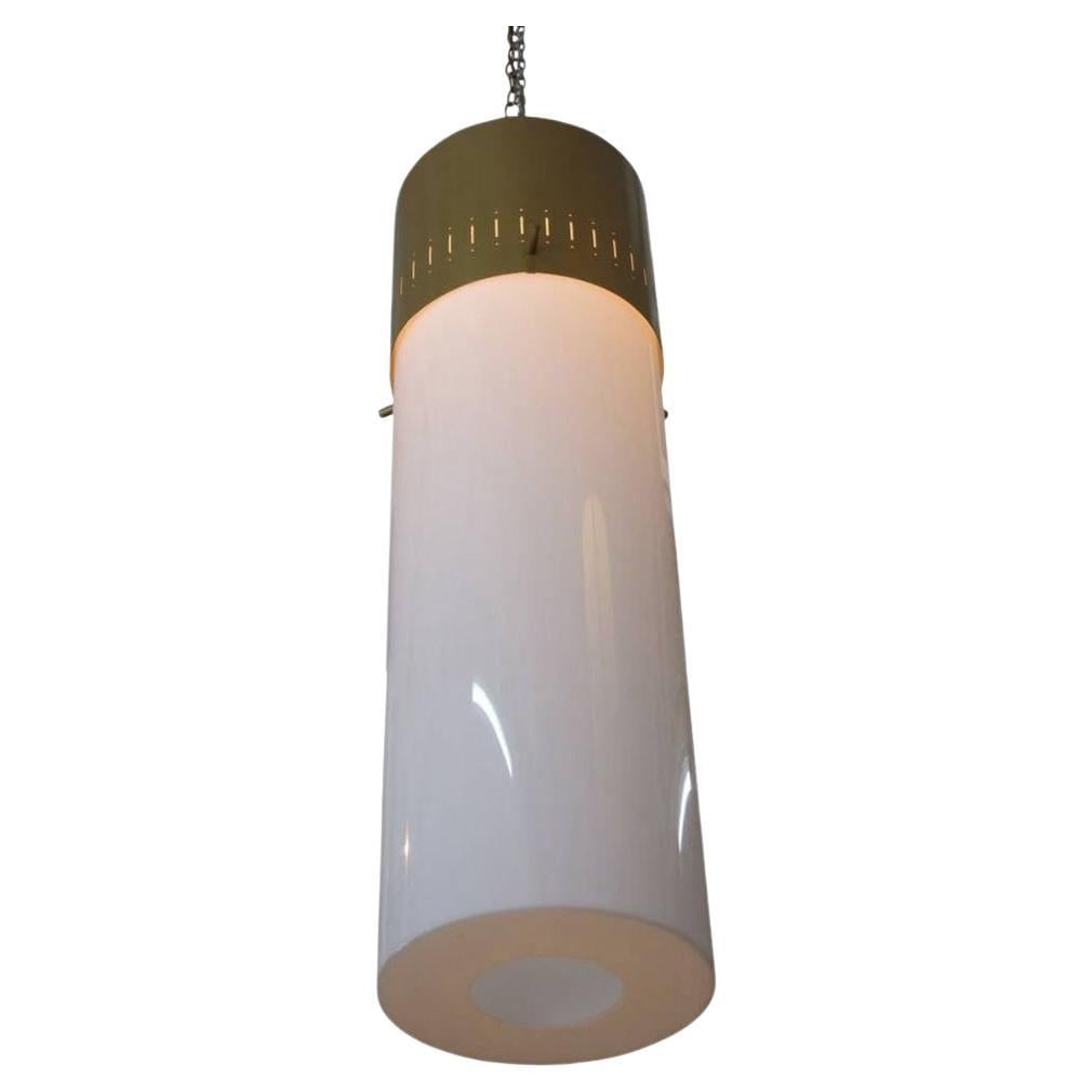 1958 Mid-Century Cylinder Gold-Tone Acrylic Pendant Chandelier, 4 Available: Title: 1958 Mid-Century Cylinder Gold-Tone Acrylic Pendant Chandelier, 4 Available Description: Vintage Mid-Century hanging lamp Pendant featuring a vented gold-tone aluminum cap with a white acrylic
