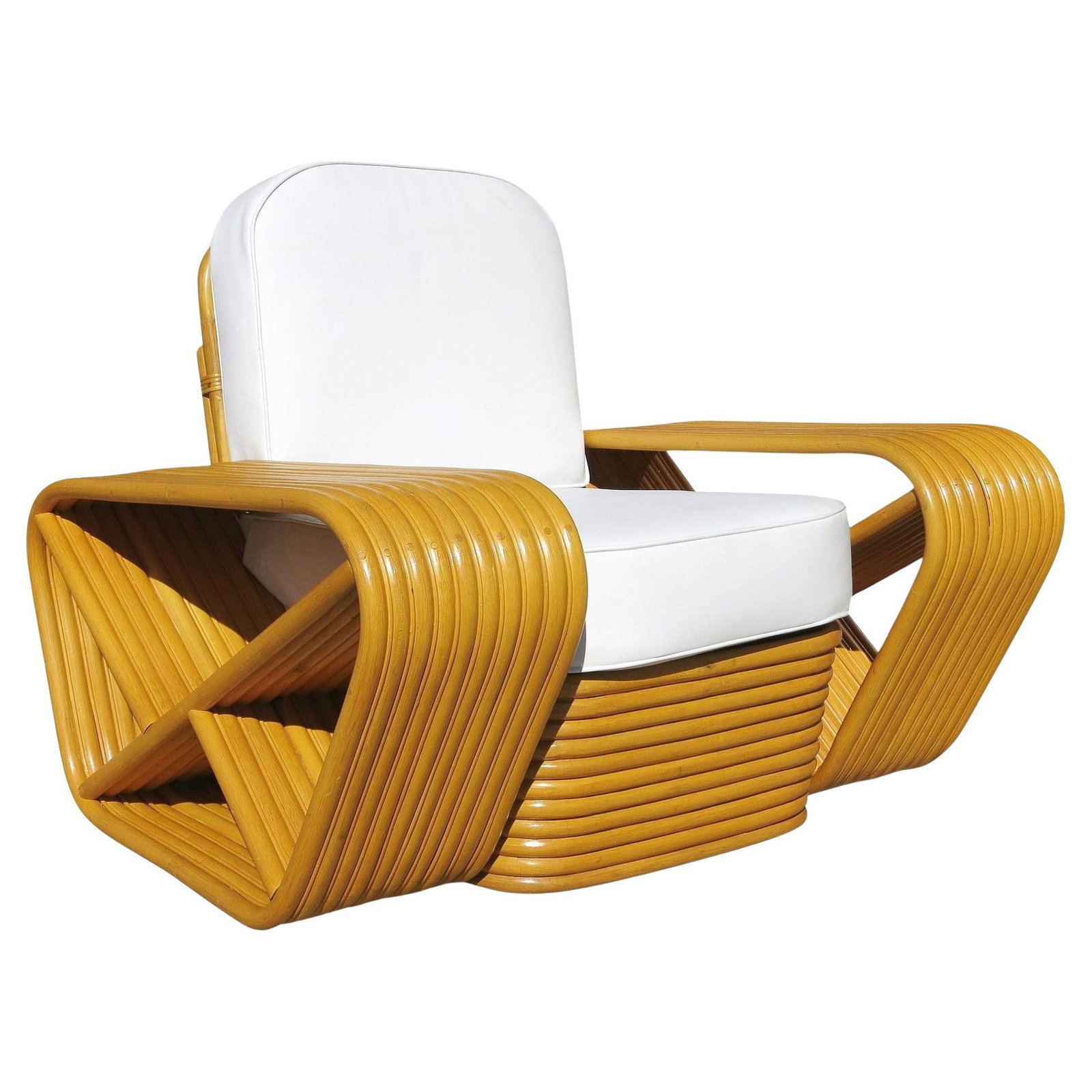 Restored 10 Strand Square Pretzel Rattan Lounge Chair Paul Frankl Style: Title: Restored 10 Strand Square Pretzel Rattan Lounge Chair Paul Frankl Style Description: Beautifully restored Paul Frankl style rare ten-strand square pretzel rattan lounge chair with stacked