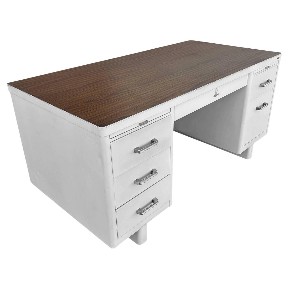 Mid Century White Steel Tanker Des w/ Formica Top by Globe-Wernicke: Title: Mid Century White Steel Tanker Des w/ Formica Top by Globe-Wernicke Description: Atomic age white painted steel tanker desk features a wood grain Formica top, 2 pull-out work tables, and a