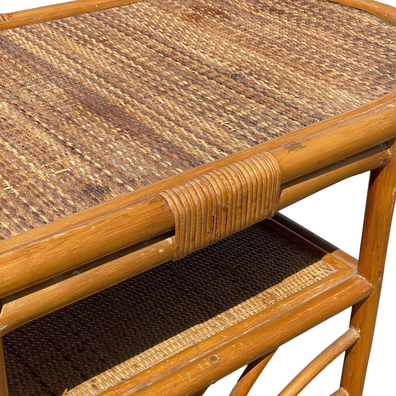 Restored Art Deco "Palm" Rattan Side Drink Table W/ Rice Mat Top - 13