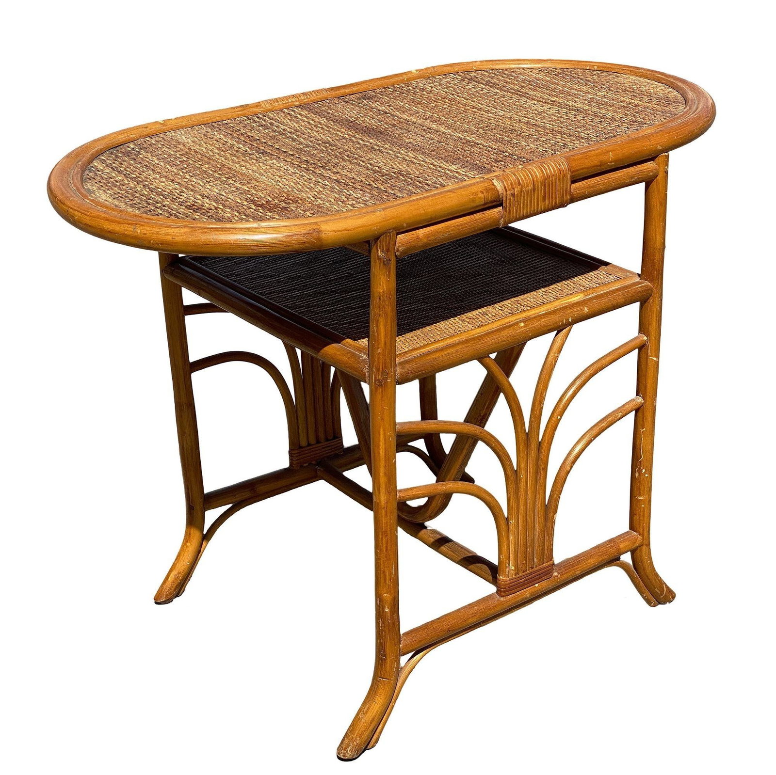 Restored Art Deco "Palm" Rattan Side Drink Table W/ Rice Mat Top - 15
