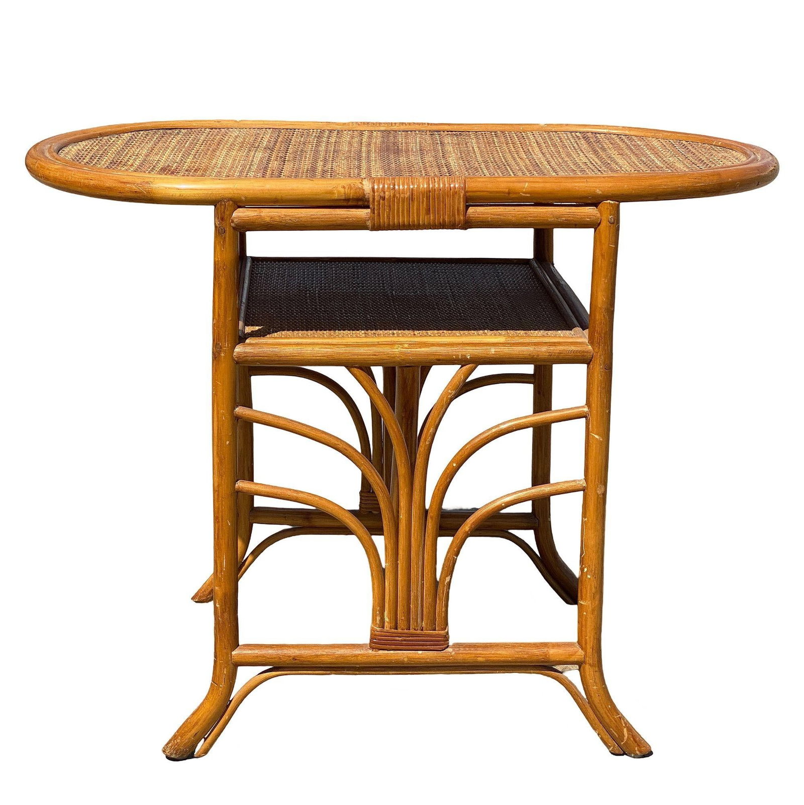 Restored Art Deco "Palm" Rattan Side Drink Table W/ Rice Mat Top - 16