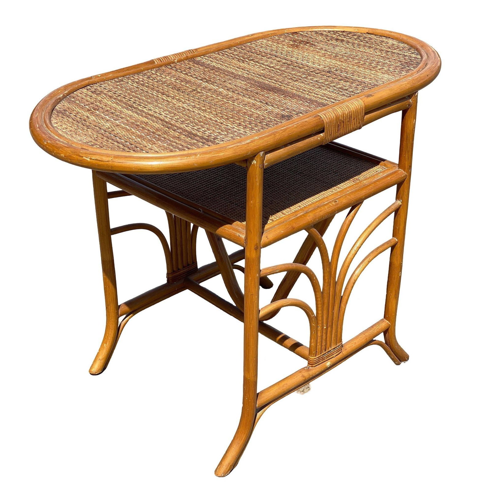 Restored Art Deco "Palm" Rattan Side Drink Table W/ Rice Mat Top - 18