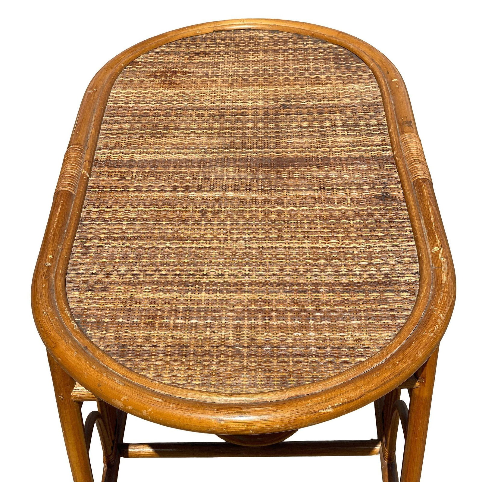 Restored Art Deco "Palm" Rattan Side Drink Table W/ Rice Mat Top - 19