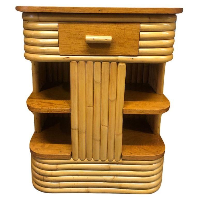 Restored Frankl Inspired Stacked Rattan Streamline Side Table w/ Floating Shelf - 16