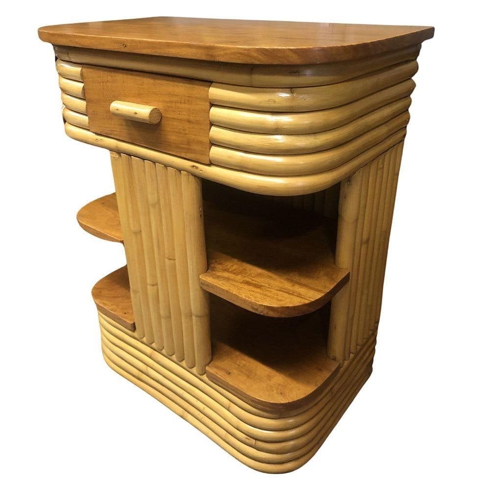 Restored Frankl Inspired Stacked Rattan Streamline Side Table w/ Floating Shelf - 9
