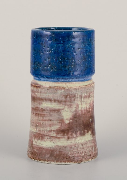 Sylvia Leuchvius for Rörstrand, Sweden. Ceramic vase with glaze in blue and sandy tones. (1 of 6)