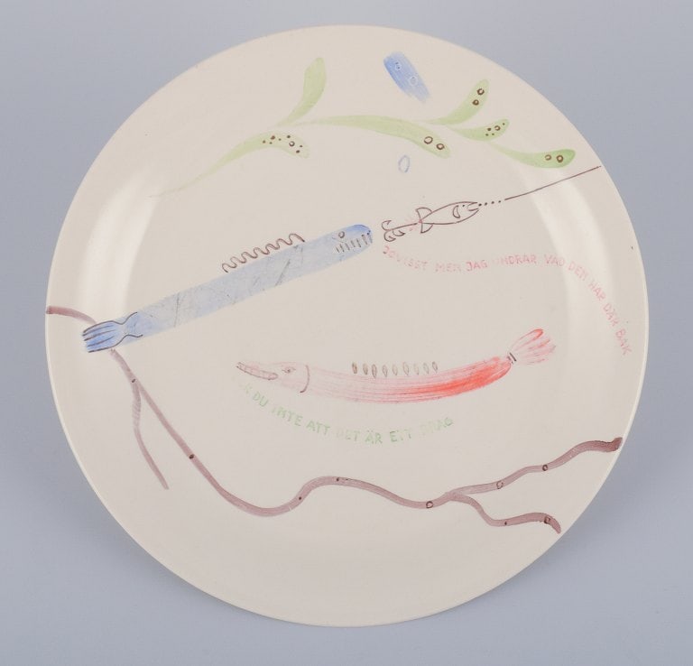 Stig Lindberg for Gustavsberg. "Löja" plate. Hand-painted with a fish motif. Satirical (1 of 4)