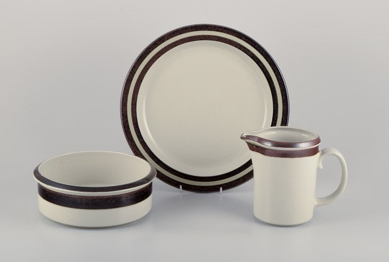 Arabia, Finland. Three pieces of "Karelia" stoneware. Pitcher, large round platter, and a big bowl. (1 of 9)