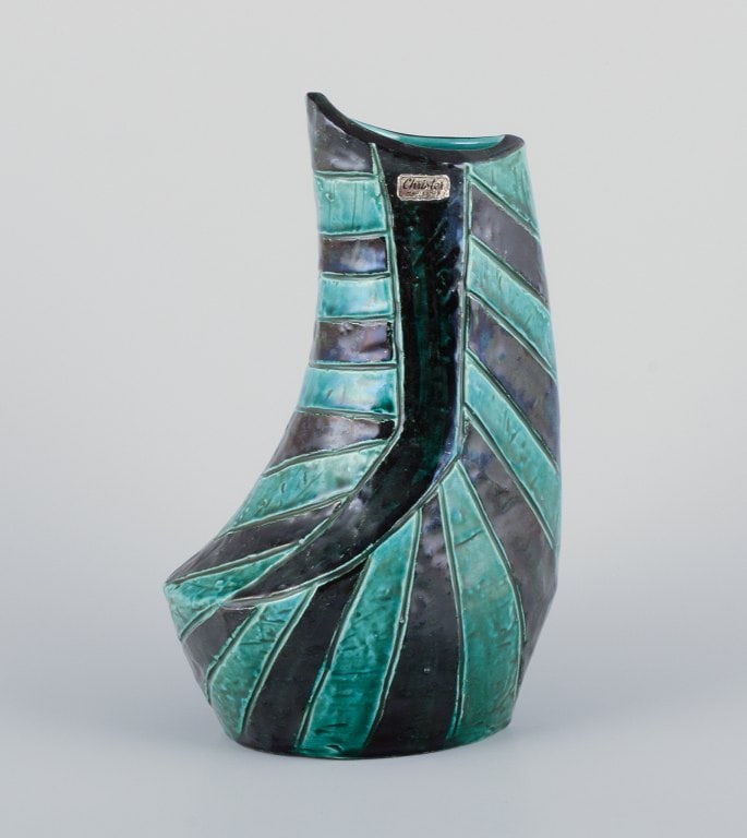 Christer, Mariestad, Sweden. Modernist ceramic vase with green and black glaze tones. (1 of 8)