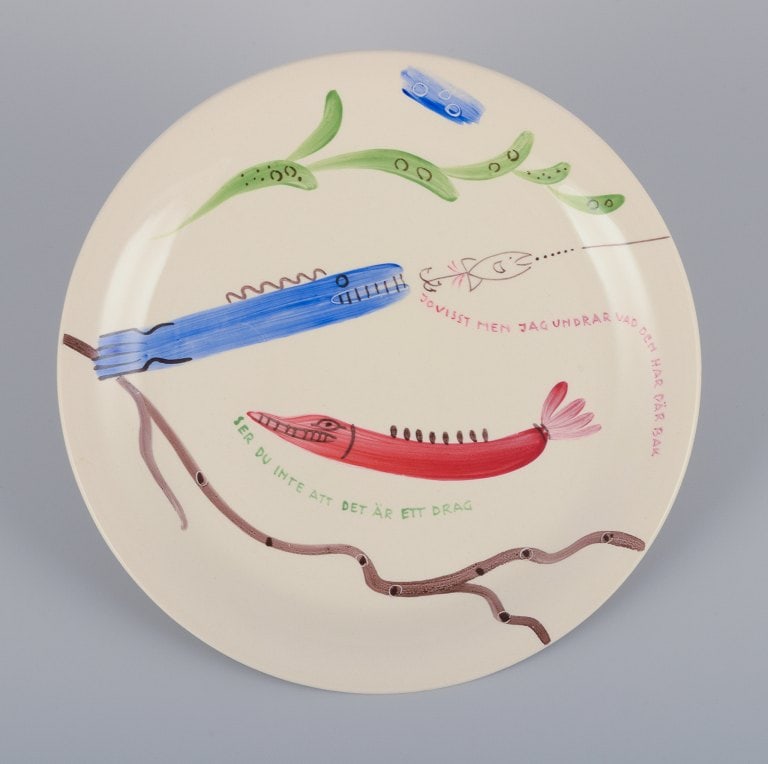 Stig Lindberg for Gustavsberg. "Löja" plate. Hand-painted with a fish motif. Satirical (1 of 4)