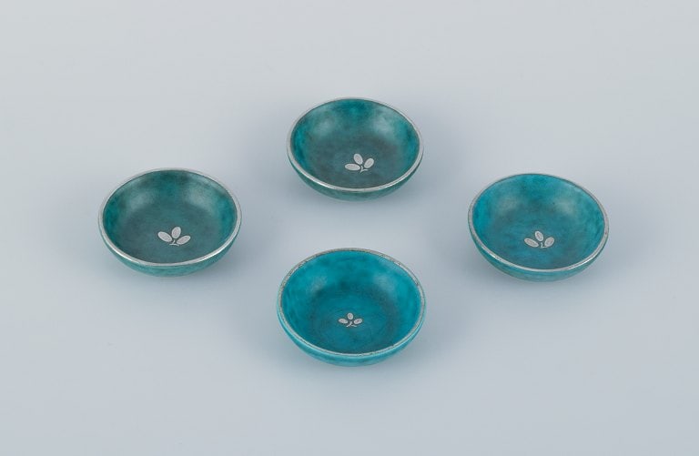 Wilhelm Kåge for Gustavsberg, a set of four small Argenta ceramic bowls inlaid with silver leaf (1 of 6)