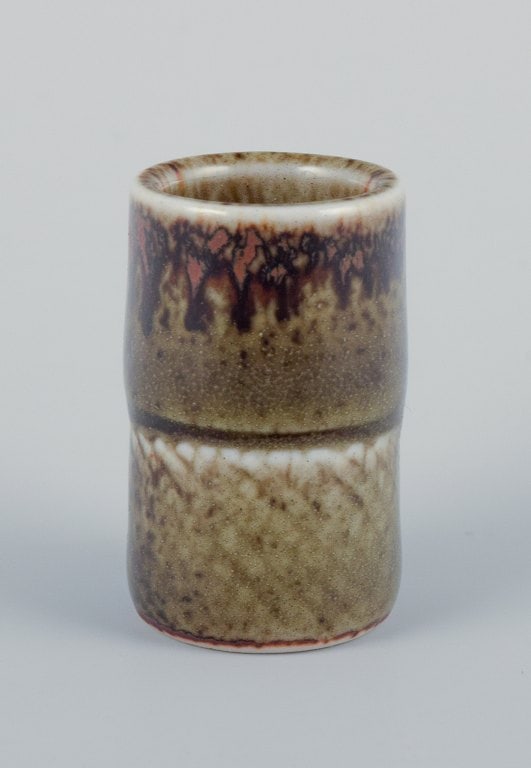 Stig Lindberg (1916-1982), Gustavsberg - Studio Hand, miniature vase with green-brown glaze. (1 of 6)