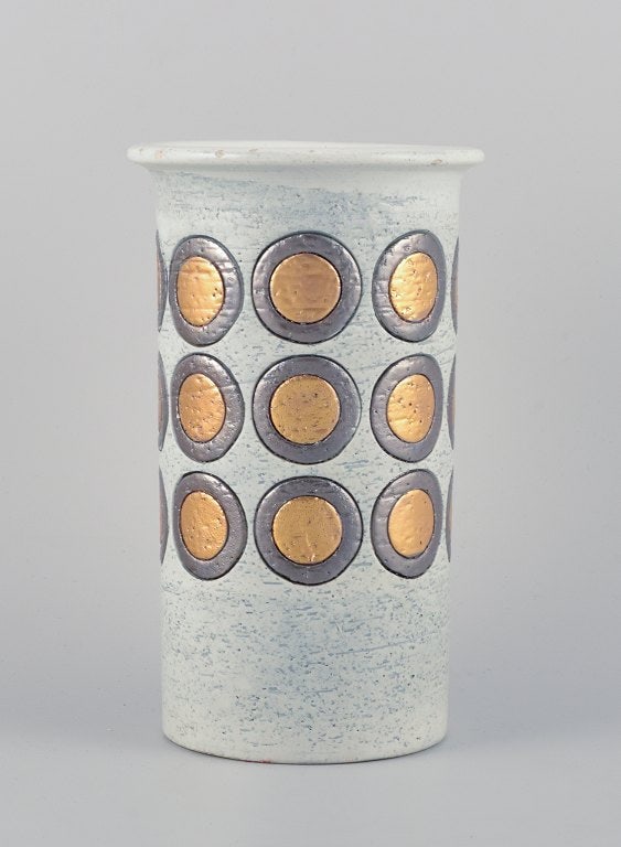 Aldo Londi for Bitossi, Italy, large "Ikano" ceramic vase in retro style. Gray glaze with circle (1 of 5)