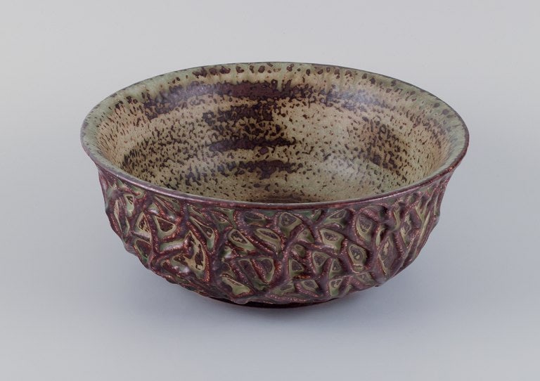 Axel Salto for Royal Copenhagen, large ceramic bowl designed with leaf patterns in relief. (1 of 7)