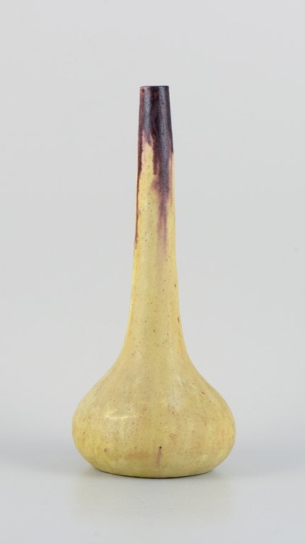 European studio ceramicist, tall narrow-necked unique ceramic vase in yellow and brown decoration. (1 of 5)