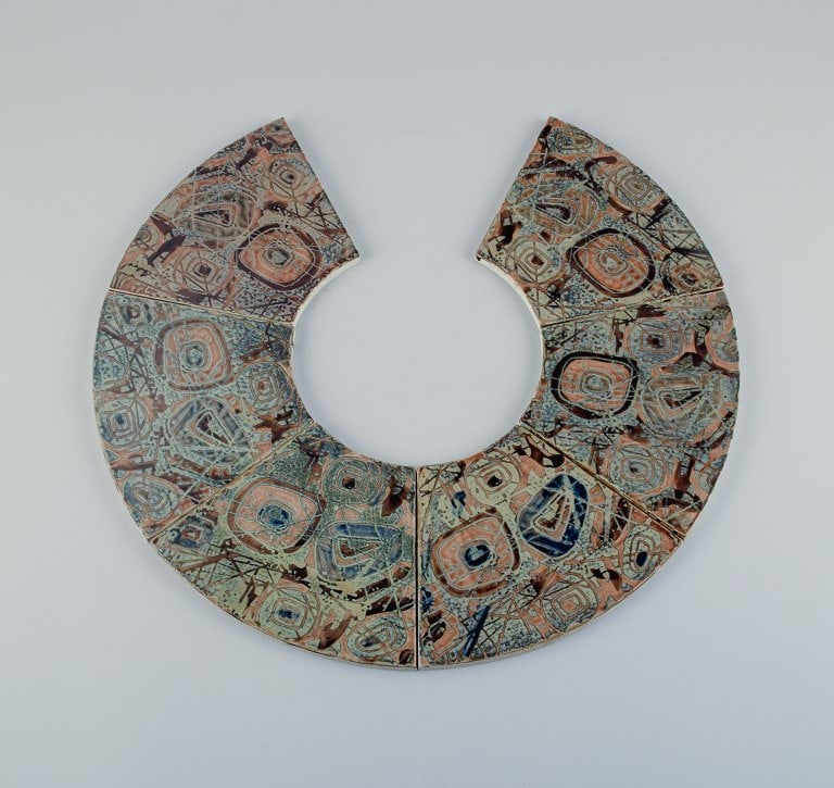 Royal Copenhagen, six Baca faience tiles with patterned glaze in brown, blue, green and sand (1 of 5)