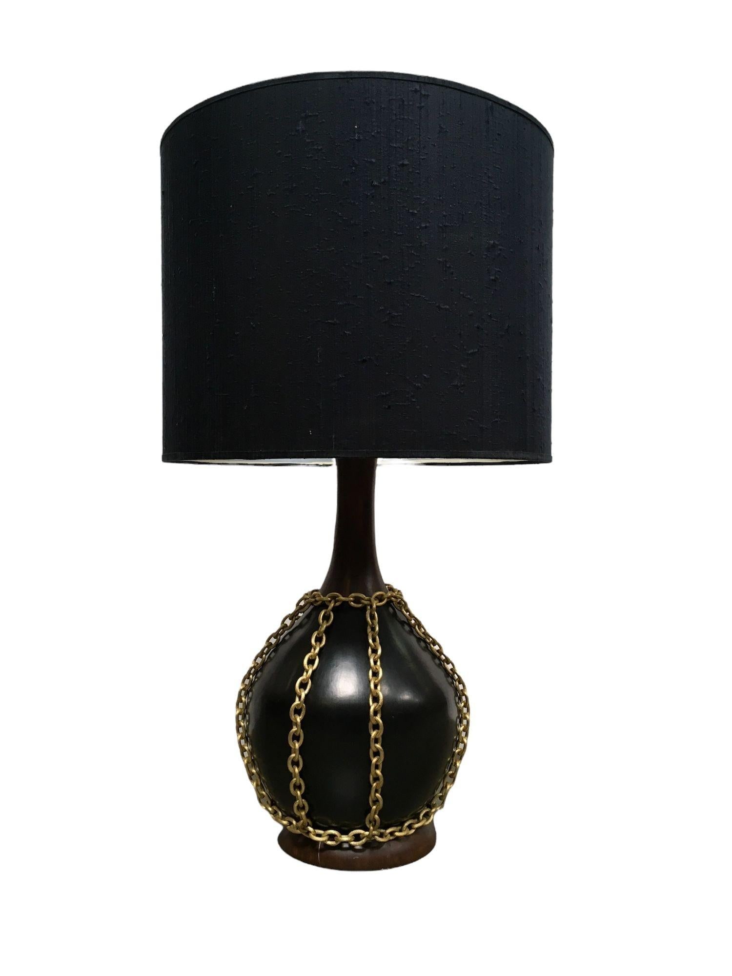 Large Midcentury Pottery Gold Tone Chain Lamps with Shade - 6