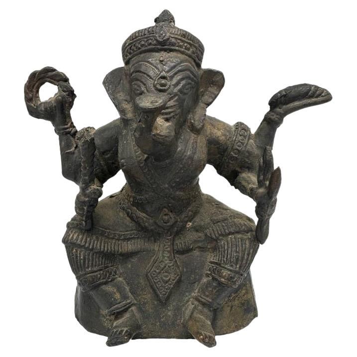 Antique Bronze Ganesha Seated Meditation Four Hands Hindu Ganapati Sculpture - 15