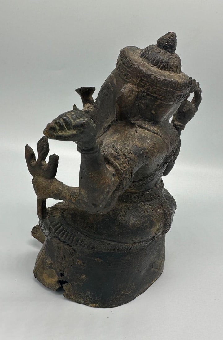 Antique Bronze Ganesha Seated Meditation Four Hands Hindu Ganapati Sculpture - 2