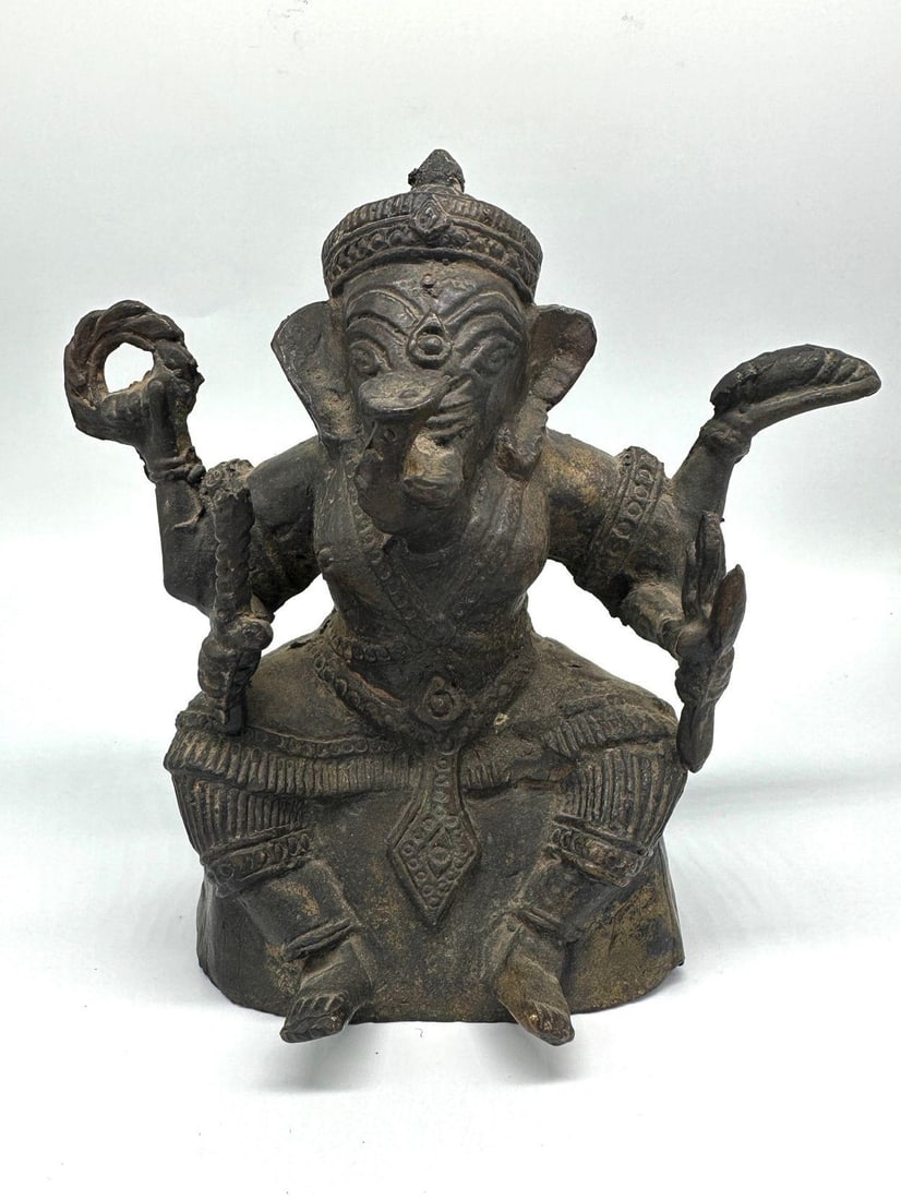 Antique Bronze Ganesha Seated Meditation Four Hands Hindu Ganapati Sculpture - 8