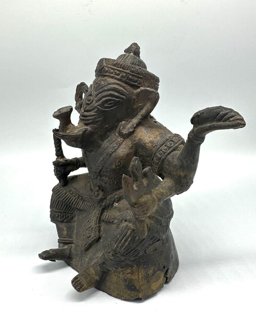 Antique Bronze Ganesha Seated Meditation Four Hands Hindu Ganapati Sculpture - 9