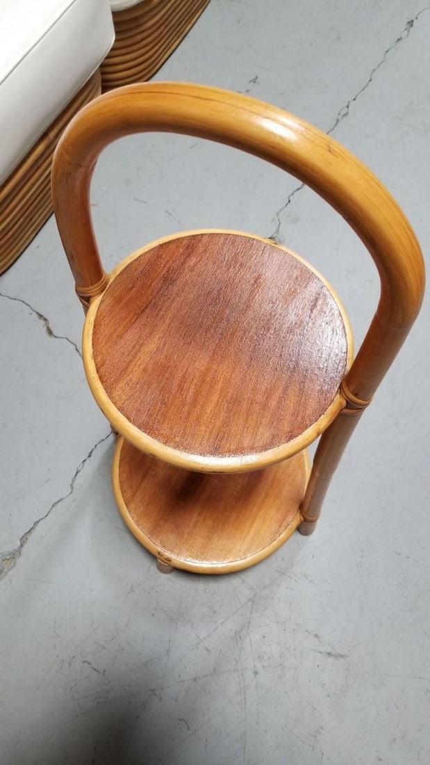Restored Rattan & Mahogany Mini Side Drink/Smoke Stand w/ Handle - 12