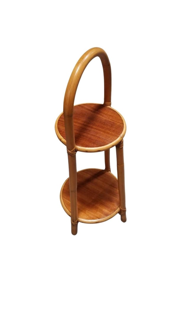 Restored Rattan & Mahogany Mini Side Drink/Smoke Stand w/ Handle - 14