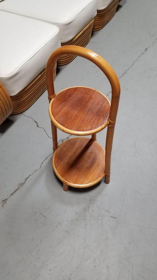Restored Rattan & Mahogany Mini Side Drink/Smoke Stand w/ Handle - 16