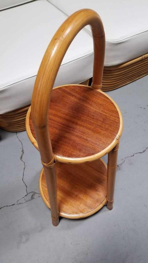 Restored Rattan & Mahogany Mini Side Drink/Smoke Stand w/ Handle - 3