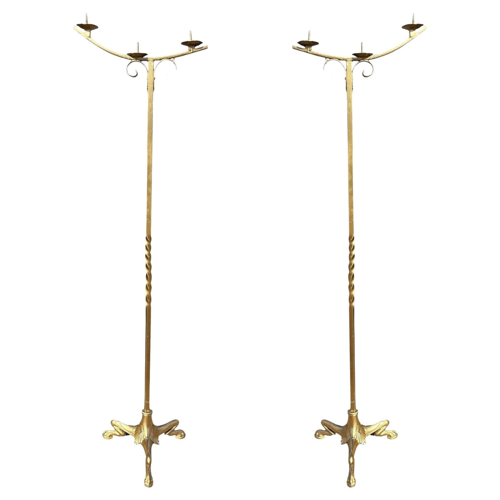 Hollywood Regency Brass-tone Floor Standing Candelabra w/ Claw-foot Base, Pair - 7