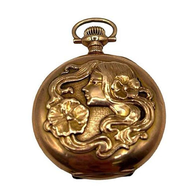 1903 Art Nouveau Portrait Repousse Gold Filled Pocket watch by Waltham - 11