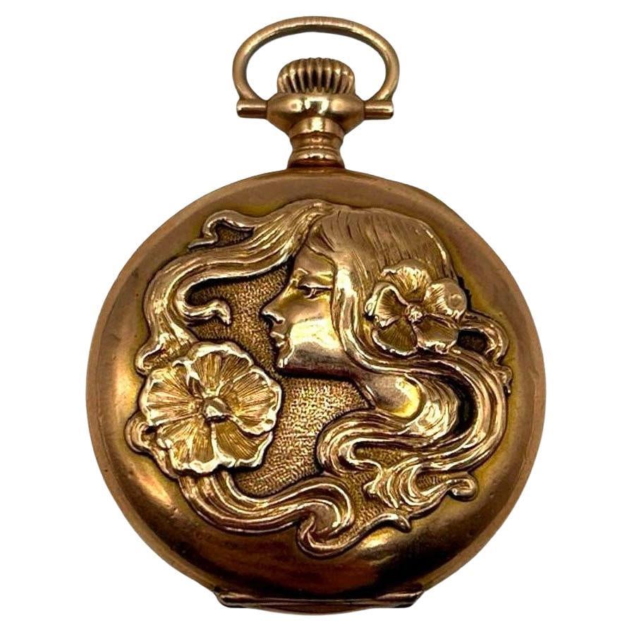 1903 Art Nouveau Portrait Repousse Gold Filled Pocket watch by Waltham - 15
