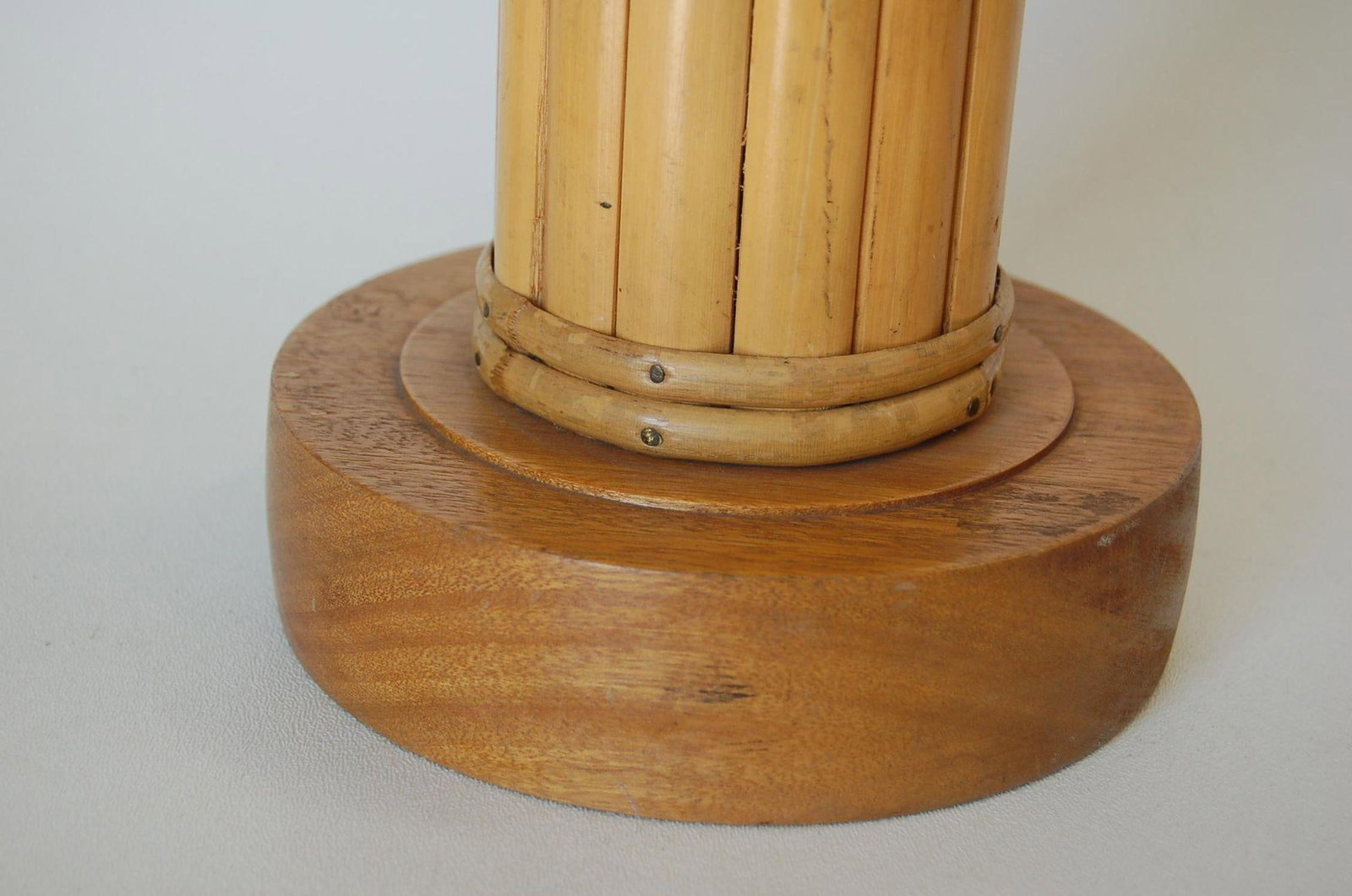 Restored Round Split Rattan Table Lamp W/ Carved Wood Base & Wrappings - 19