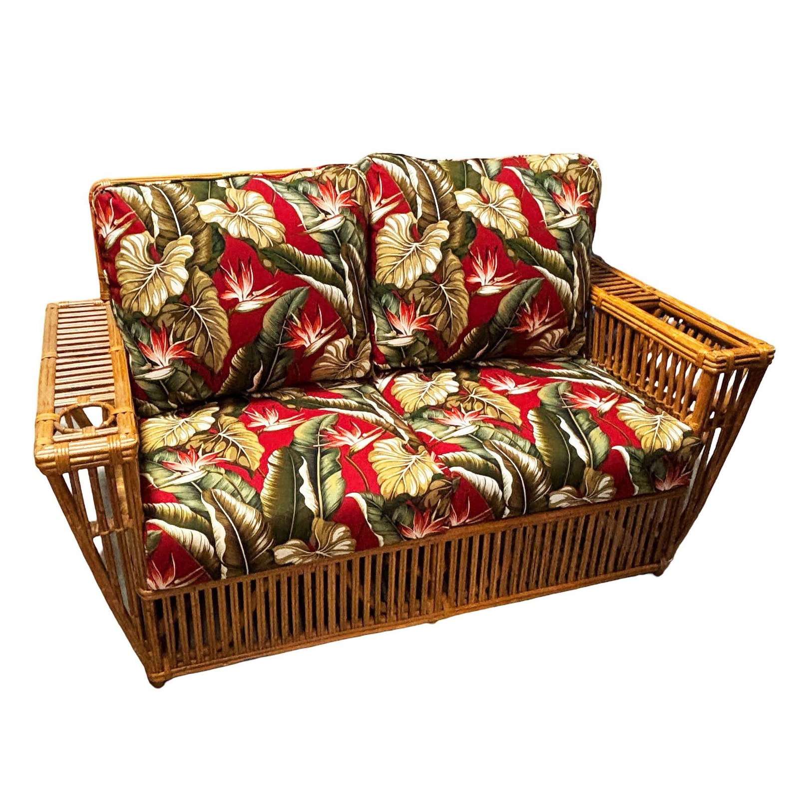 Deco Style "Presidents" Stick Reed Rattan Nantucket 3-Seat Sofa, Floral Cushions - 12