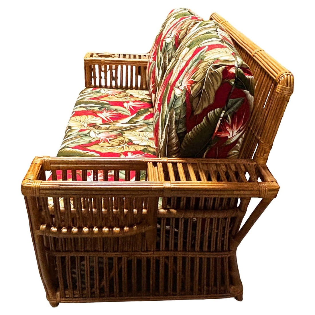 Deco Style "Presidents" Stick Reed Rattan Nantucket 3-Seat Sofa, Floral Cushions - 13