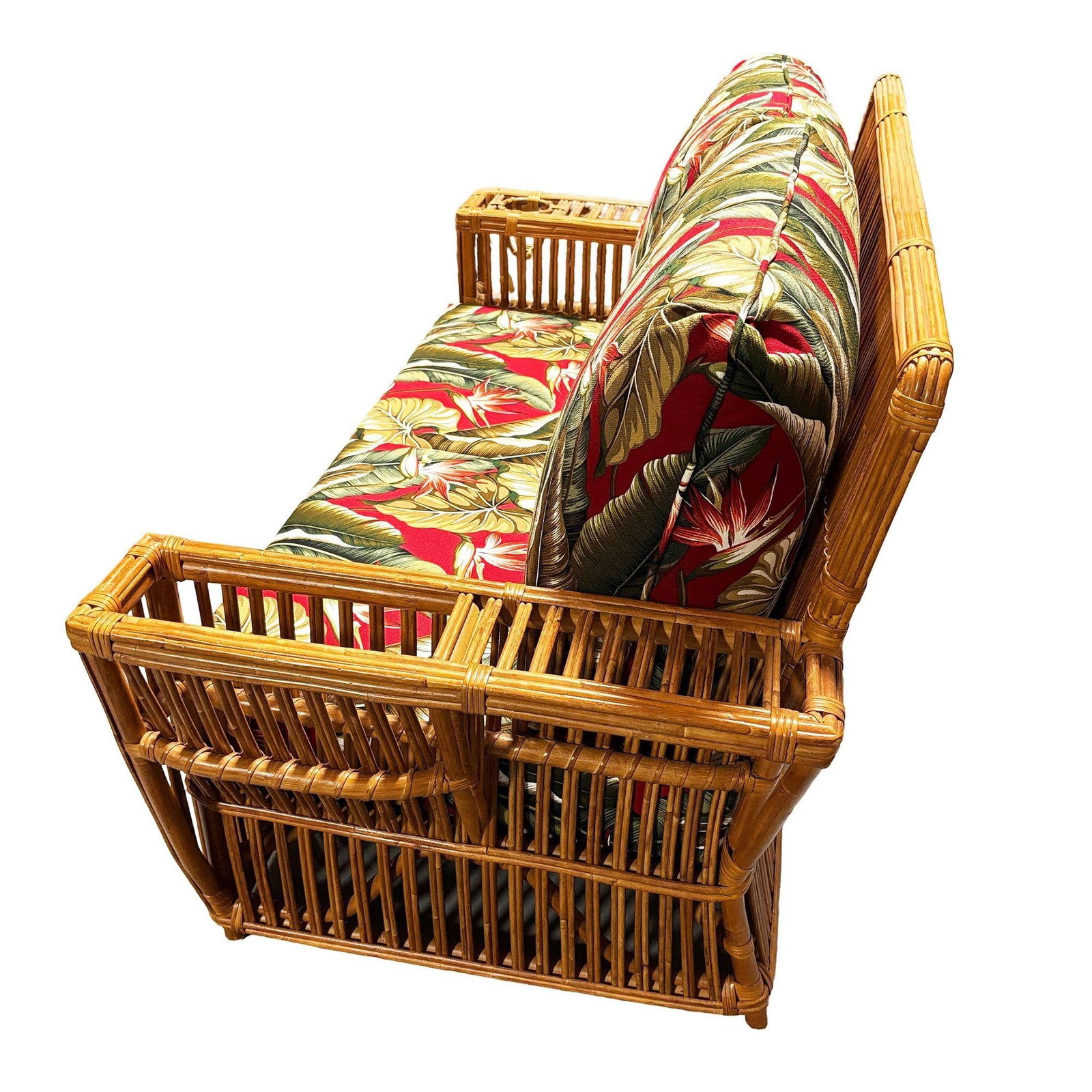 Deco Style "Presidents" Stick Reed Rattan Nantucket 3-Seat Sofa, Floral Cushions - 17