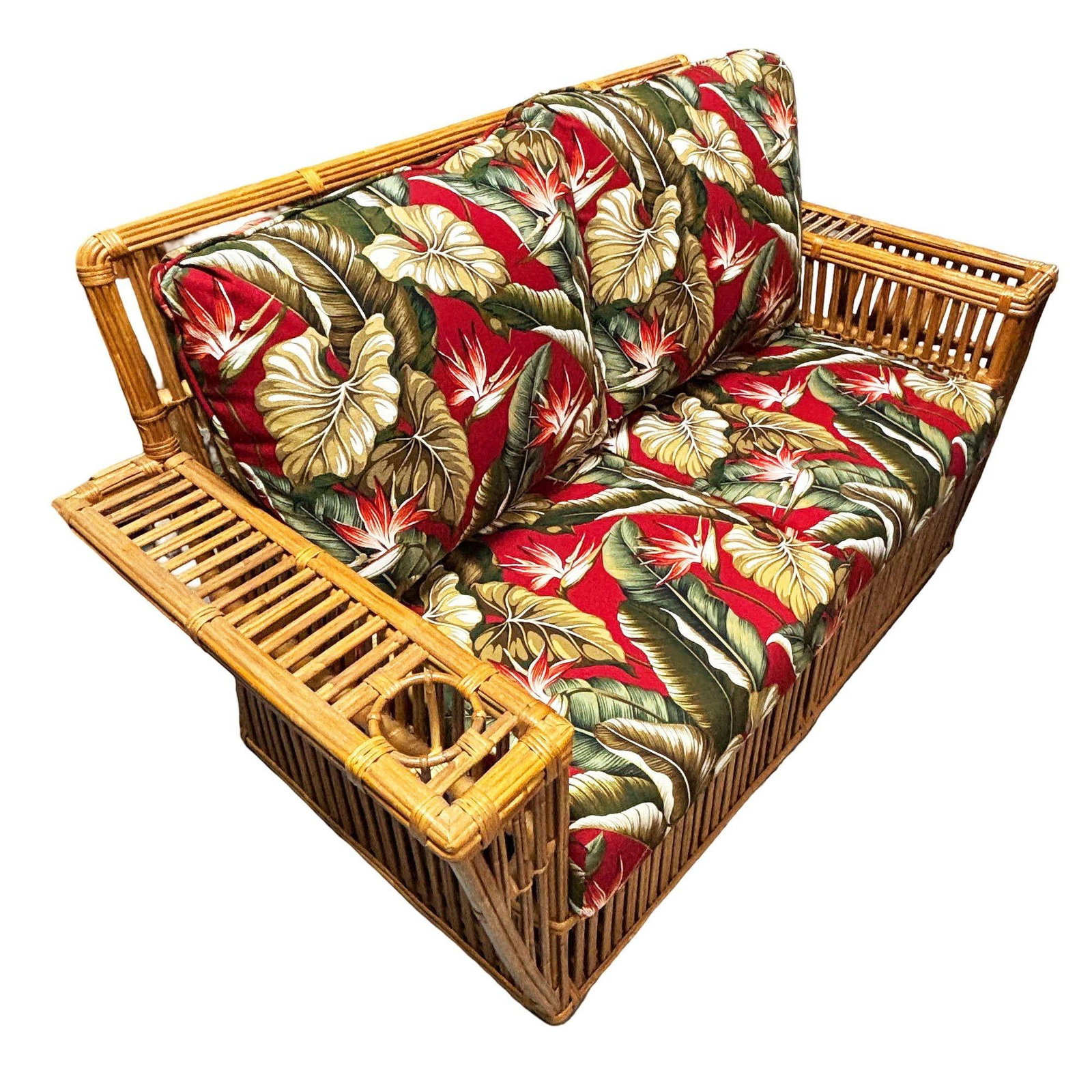 Deco Style "Presidents" Stick Reed Rattan Nantucket 3-Seat Sofa, Floral Cushions - 3