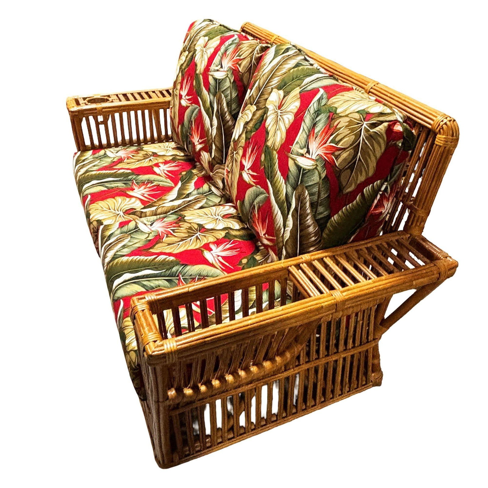 Deco Style "Presidents" Stick Reed Rattan Nantucket 3-Seat Sofa, Floral Cushions - 6