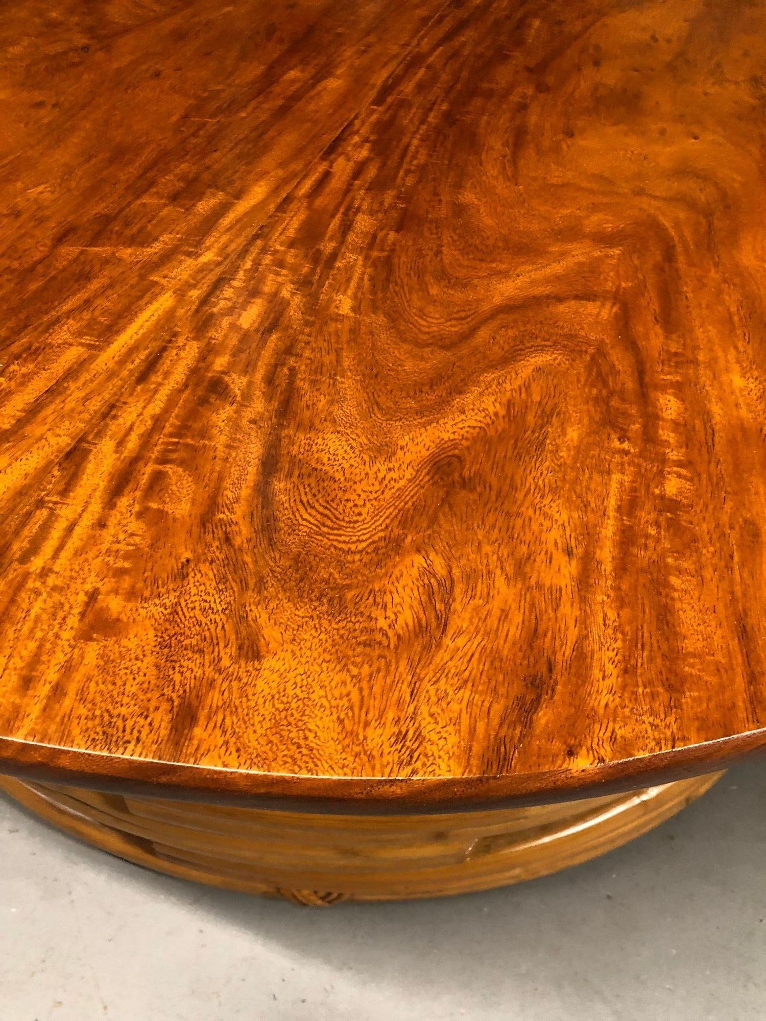 Restored Round Rattan Coffee Table with Mahogany Top - 2
