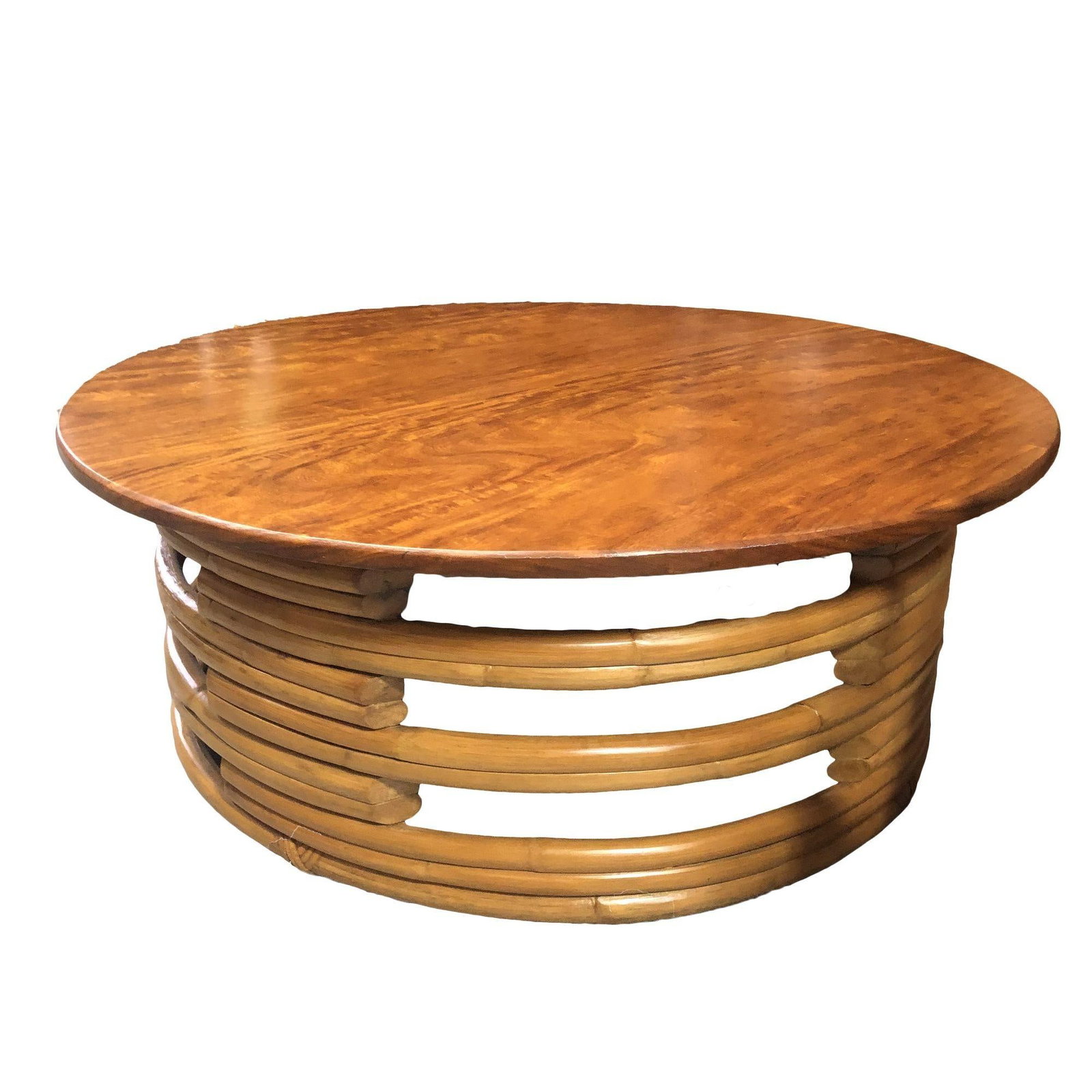 Restored Round Rattan Coffee Table with Mahogany Top - 8
